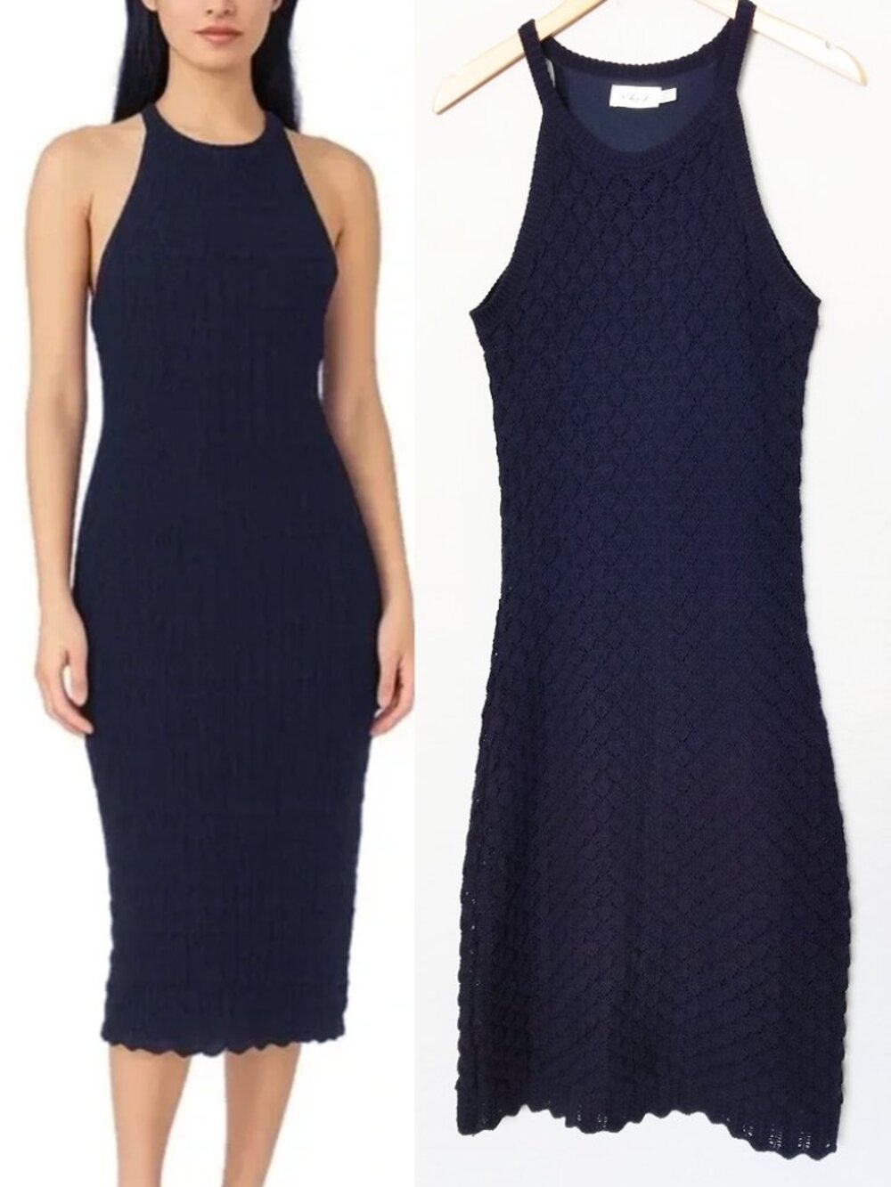 Eliza J Navy Blue Crochet Knit Halter Midi Dress Sleeveless M $148 Stretchy Cute
